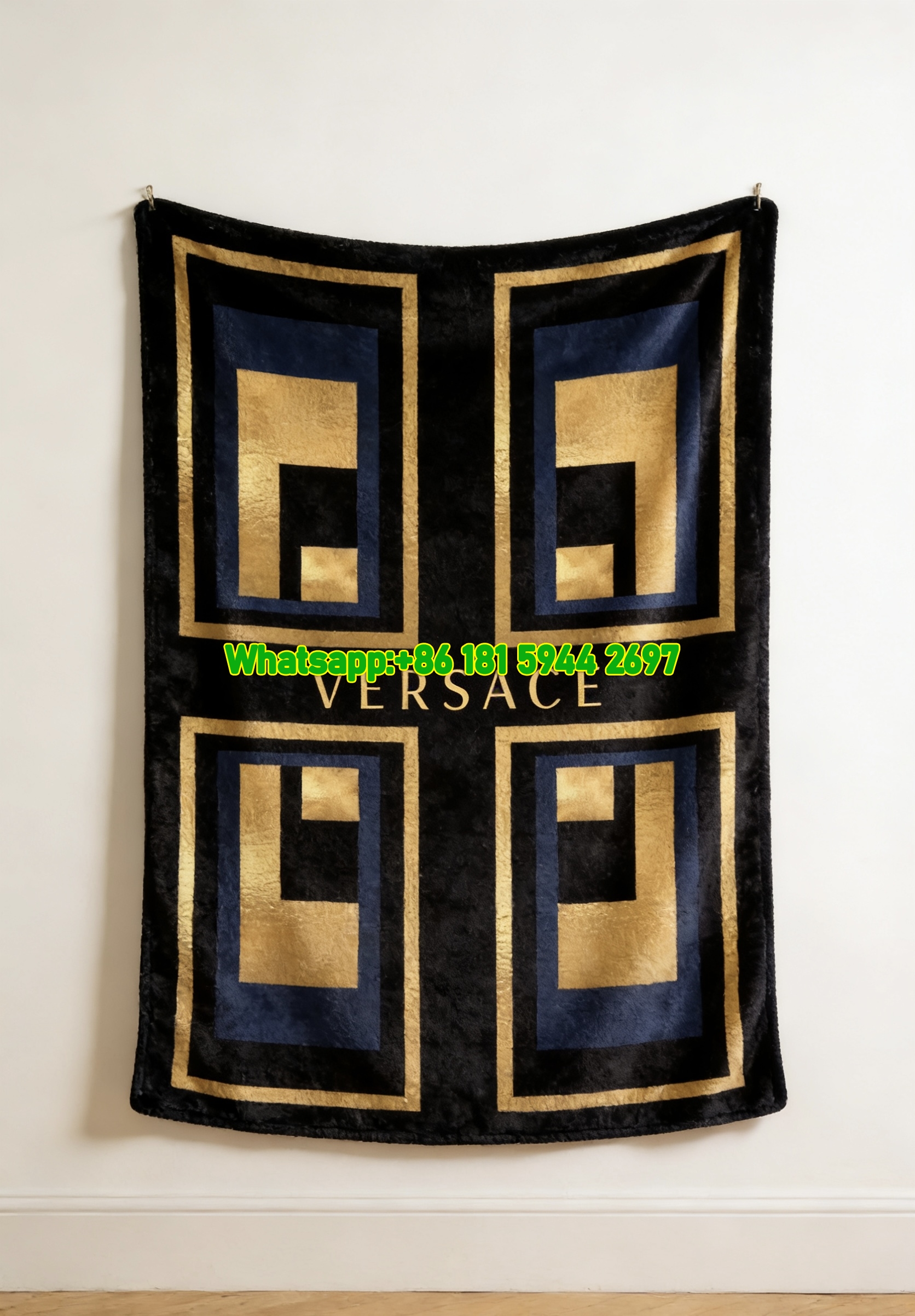 Versace Black Navy Blue and Gold Geometric Art Deco Flannel Throw Blanket IMG_1464